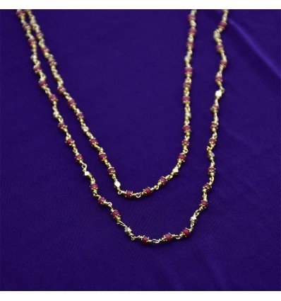 Two Layered Tiny Red Coral Beads Chain With Polygonal Golden Beads