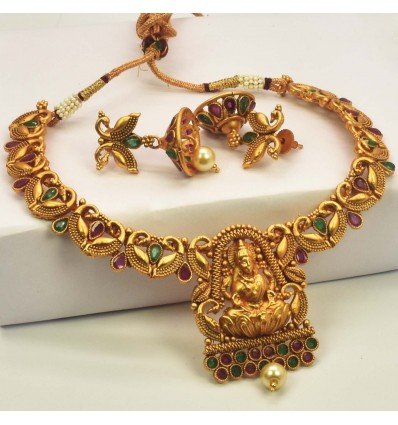 Matte Ruby Emerald Lakshmi Bridal Peacock Necklace Set
