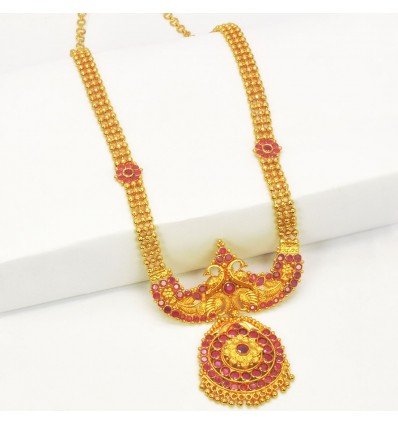 Gold Plated Designer Peacock Ruby Long chain