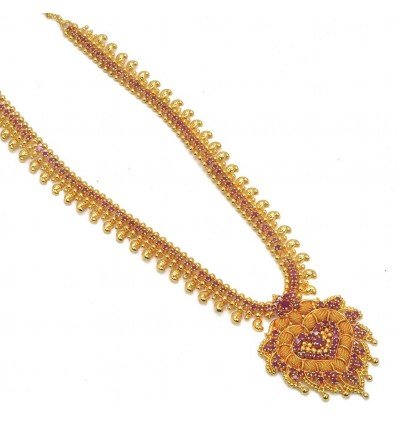 Gold Plated Ruby Mango Heart Pendant Long Necklace