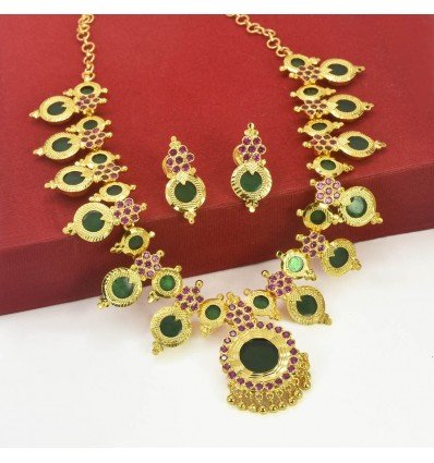 Elegant Kerala Traditional Enamel Ruby Necklace Set