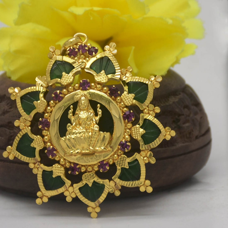 Gold Plated Ruby Studded Big Lakshmi Green Palakka Pendant|Kollam Supreme