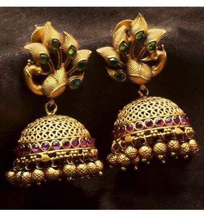 Beautiful Peacock Kemp Matte Jhumkha Earrings