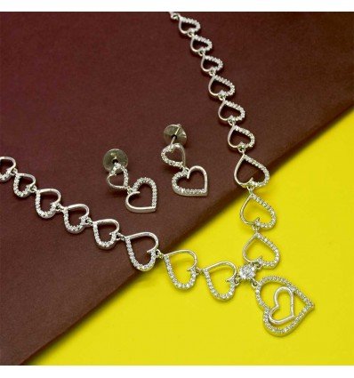 Premium Fashion Silver Polish AD Hearts Necklace Set 