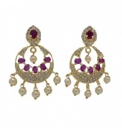Dazzling Ruby American Diamond Pearl Hanging Bali Earrings