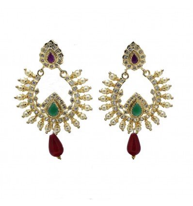 Fashionable Ruby and AD Stone Pearl Hanging Earrings