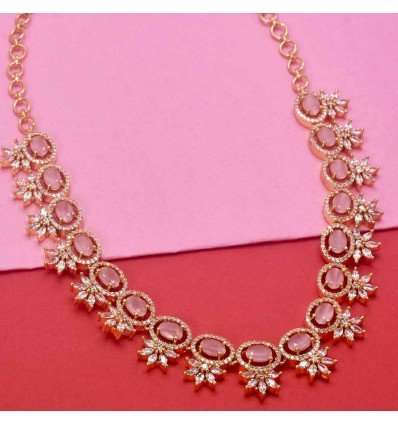 American Diamond Flower Necklace With Pink Stones