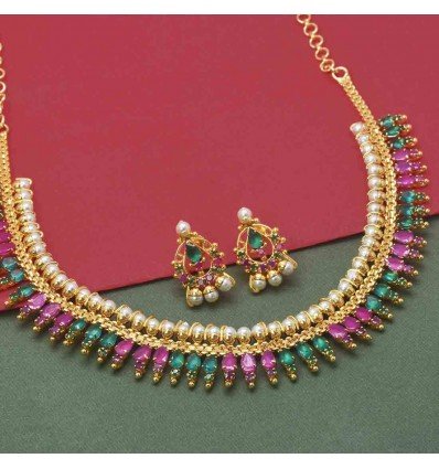 Charming Ruby Emerald Pearl Gold Plated Necklace Set