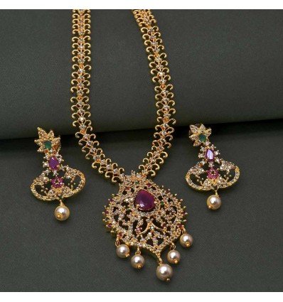 Delicate Premium Gold Plated CZ Ruby Emerald Necklace Set