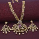 Dainty Premium Gold Plated CZ Ruby Emerald Long Necklace Set