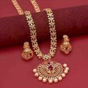 Alluring AD Ruby Stone Long Bridal Necklace With Jhumka