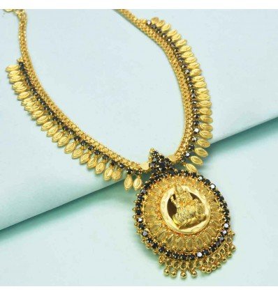 Gold Plated Lakshmi Pendant Jasmine Buds Stone Necklace
