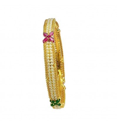 Floral Ruby and Emerald Stones Gold Plated Pearls Bangle