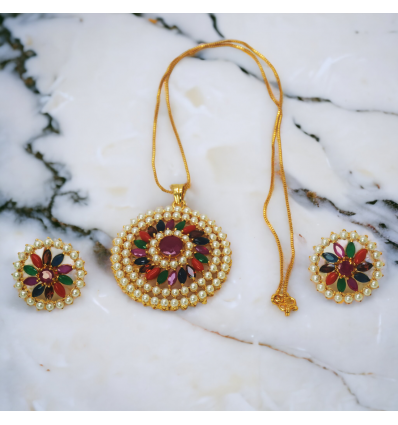Exquisite Gold-Plated Multicolor Stones and Pearls Pendant Set 