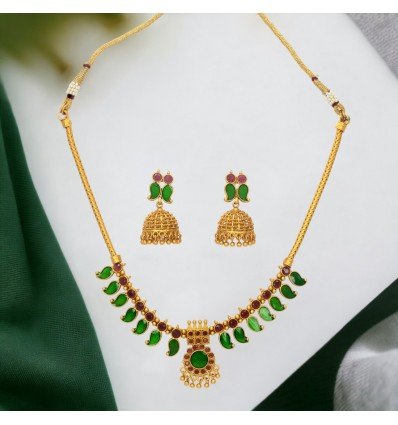 Elegant Matte Kerala Ruby Green Mango Necklace Set