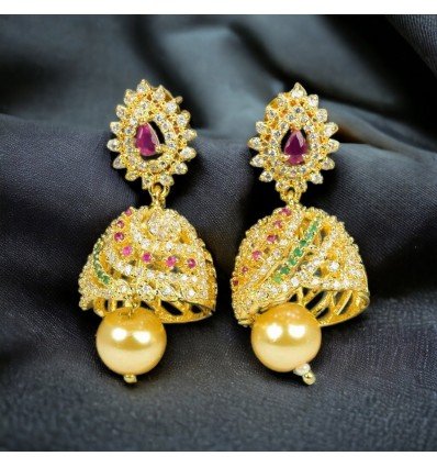 Gorgeous Ruby Emerald and AD Stone Jhumka Earrings