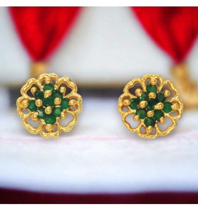 Small Gold Plated Cute Floral Emerald Stone Ear Studs