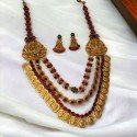 Ethnic Tri-Layered Kemp Stones Lakshmi Kasu Long Necklace Set
