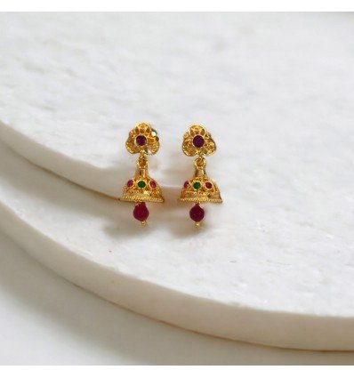 Pretty Gold Plated Ruby Emerald Small Jhumka for Kids