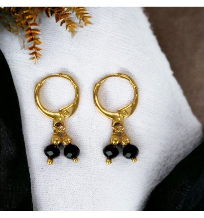 Black Crystal Charms Dangling Golden Huggie Hoop Earrings