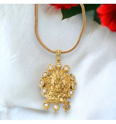 Gold Plated Designer Chain with White Stone Matte Lakshmi Pendant