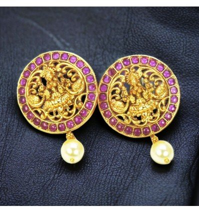 Ethnic Antique Gold Plated Big Kemp Lakshmi Ear Studs