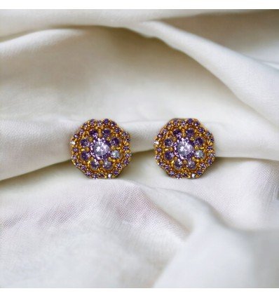 Elegant Gold Plated Floral Purple Stone Ear Studs