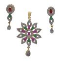 Premium Floral Ruby Emerald and American Diamond Pendant Set