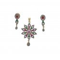 One Gram Gold Plated Floral Ruby Emerald and American Diamond Pendant Set