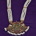 Gold Plated RG Stone Peacock Three line Pearl Mala For Classical Dances